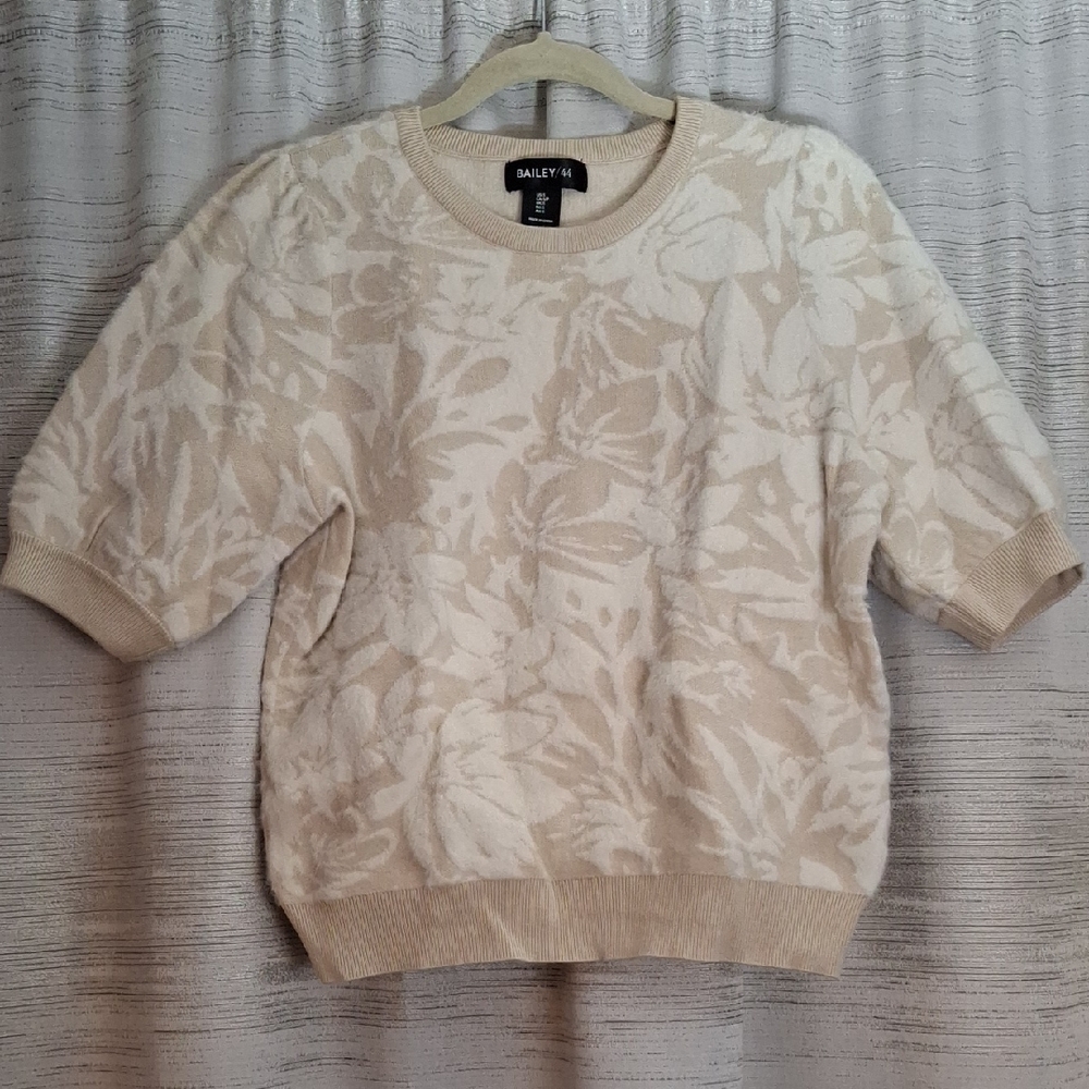 Bailey 44 Beige & Cream Floral Crew Neck Sweater Balloon Sleeves Small